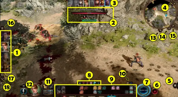 Bitwa w Baldur's Gate: drużyna walczy z gnollami. Widać interfejs gry, postacie i minimapę.