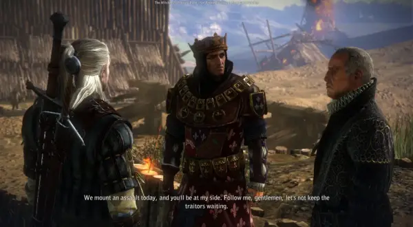 Geralt, król w koronie i szlachcic rozmawiają na tle obozu wojskowego. Król zapowiada atak, by ukarać zdrajców Temerii.
