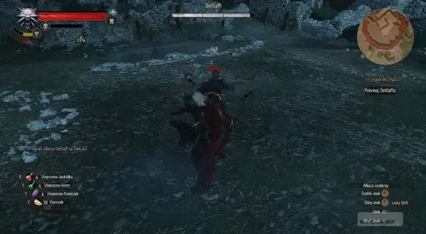Geralt walczy z Dettlaffem, zadając mu obrażenia. Kluczowe jest pokonanie Dettlaffa, by zakończyć misję.