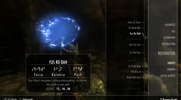 Smoczy krzyk "Fus Ro Dah" w grze Skyrim. Siła głosu, która odpycha wszystko na drodze.