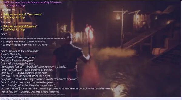 Konsola Gothic Remake wyświetla listę komend, w tym te do manipulacji kamerą i życia postaci, przydatne przy używaniu gothic 2 kody.