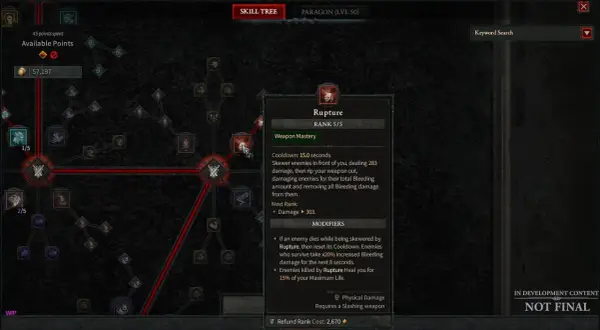 Drzewko umiejętności w Diablo 4, zgodne z tradycjami, pokazuje rozwój postaci i umiejętność "Rupture".
