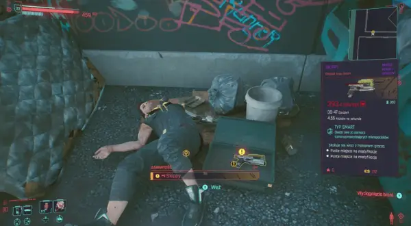 Martwy mężczyzna leży obok walizki z pistoletem Skippy. To ikoniczna broń w świecie skippy cyberpunk.