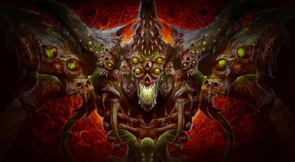 Potworna istota z wieloma oczami i czaszkami, idealna do recenzji Diablo 4.