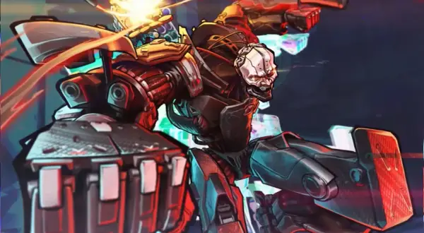 Adam Smasher, potężny cyborg z Cyberpunk 2077, w akcji. Jego mechaniczne ciało lśni w czerwonym i niebieskim świetle.