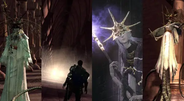 Gwyndolin z Dark Souls w białej szacie, z łukiem i wężowym ogonem, oraz postać z laską i koroną.