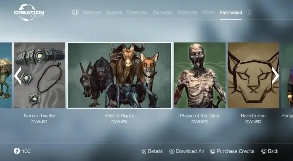 Menu gry Skyrim Anniversary Edition: co zawiera. Widoczne DLC: Nordic Jewelry, Pets of Skyrim, Plague of the Dead, Rare Curios.