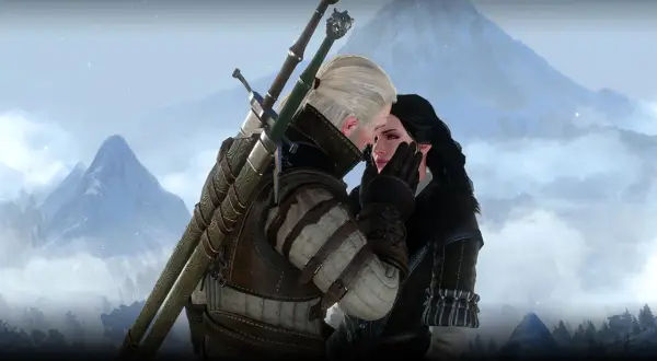 Geralt i Yennefer w czułym uścisku na tle ośnieżonych gór. Ich miłość jest silniejsza niż mroźny wiatr.