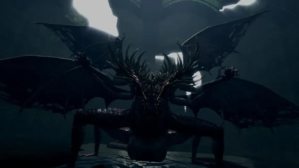 Potężny, mroczny, **gaping dragon** z wieloma skrzydłami i kolczastą głową, czai się w mroku.