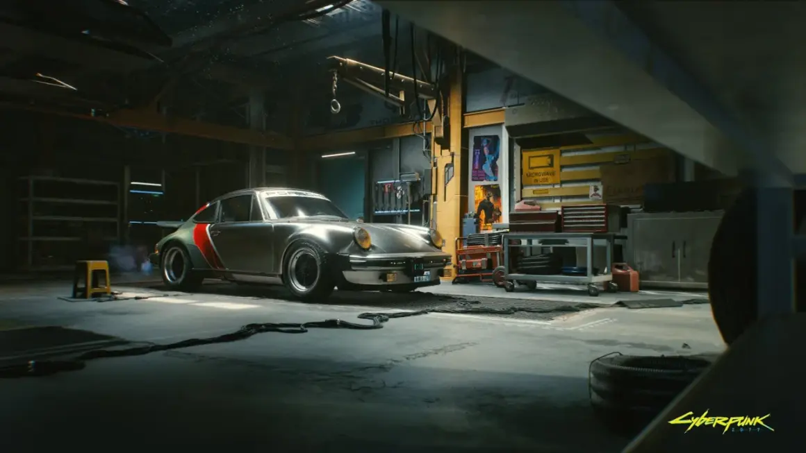Klasyczny cyberpunk porsche w warsztacie, gotowy na nocne wyścigi po Night City.