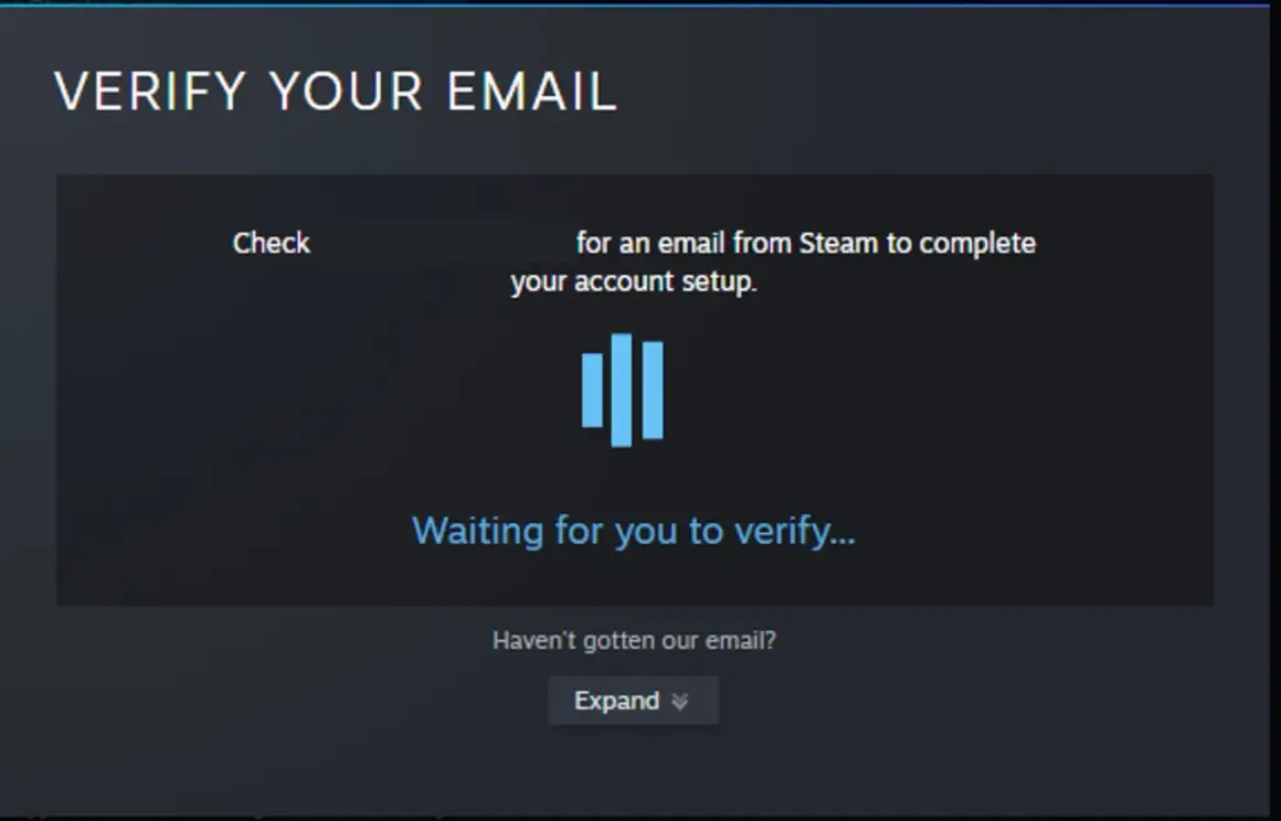 Ekran weryfikacji adresu email na Steam.