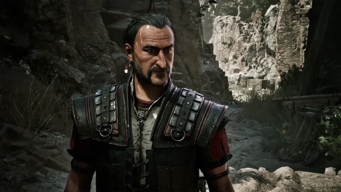 Postać z gry Gothic 2 Remake w zbroi, na tle skalistego krajobrazu.