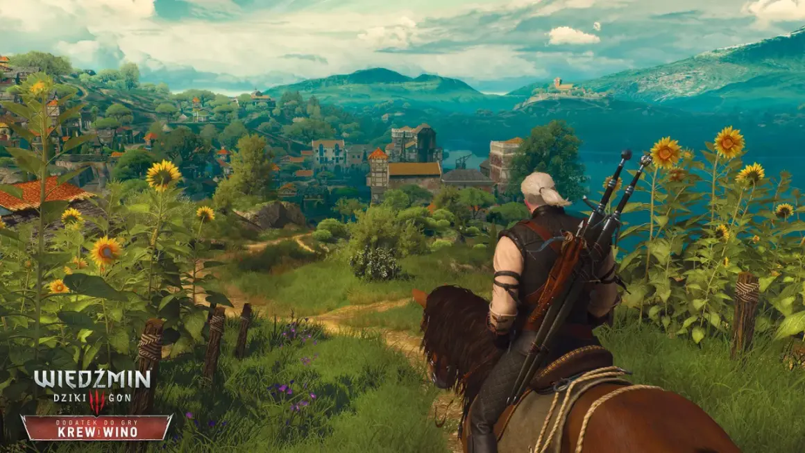 Geralt z Rivii, wiedźmin, przemierza konno malowniczą krainę pełną słoneczników, zmierzając ku miasteczku.