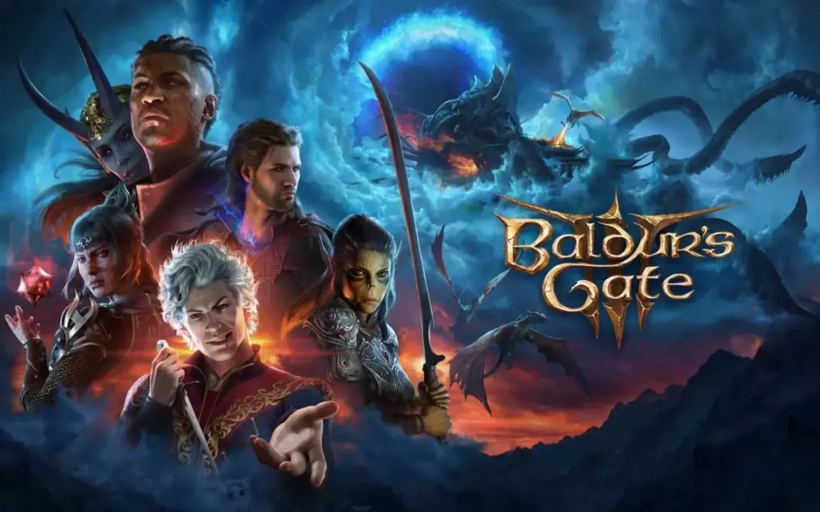 Złowieszczy smok i grupa bohaterów, w tym **Baldur's Gate 3 towarzysze**, szykują się do walki na tle burzowego nieba.