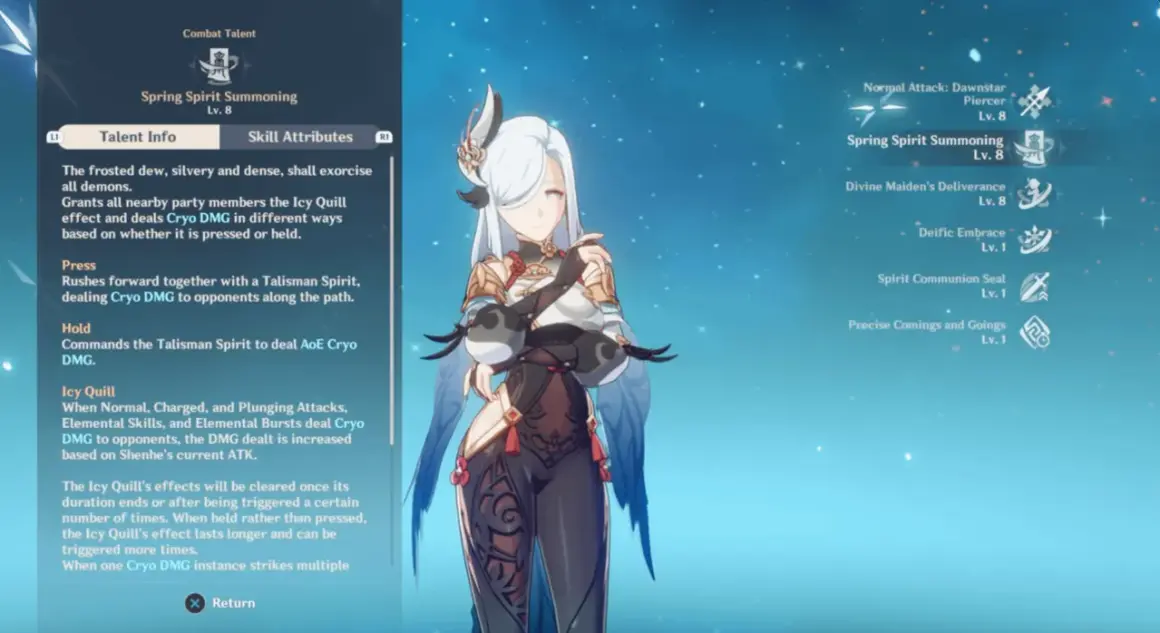 Shenhe w grze Genshin Impact, z jej umiejętnościami bojowymi "Spring Spirit Summoning" i "Icy Quill", gotowa do zadawania obrażeń Cryo.
