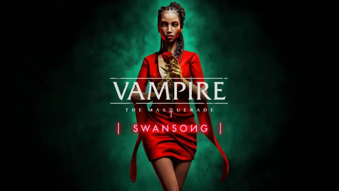 Kobieta w czerwonej sukni trzyma złotą różę. Nad nią logo "Vampire The Masquerade Swansong".