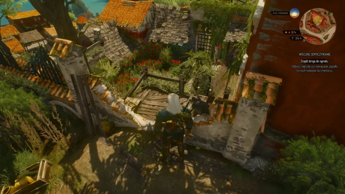 Geralt stoi na dachu, patrząc na ogród. Misja "Wieczne odpoczywanie" w Wiedźmin 3.