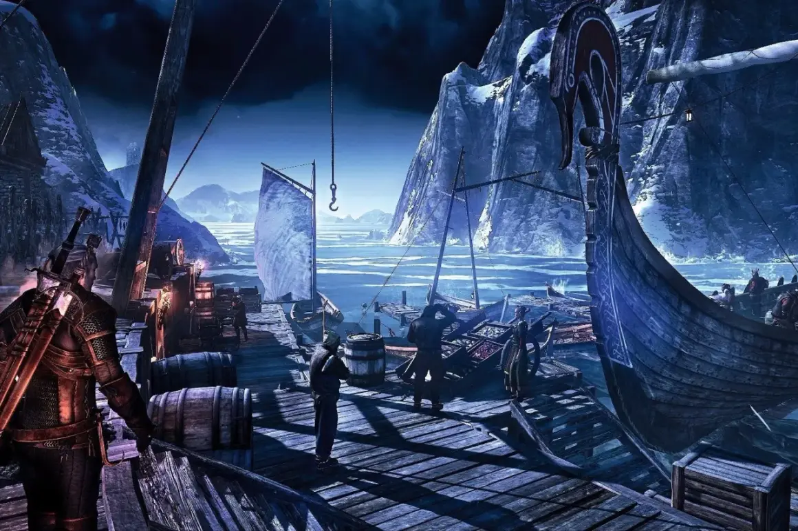 Nocny port na Skellige. Widać wikingów, łodzie i surowe, zimowe krajobrazy.