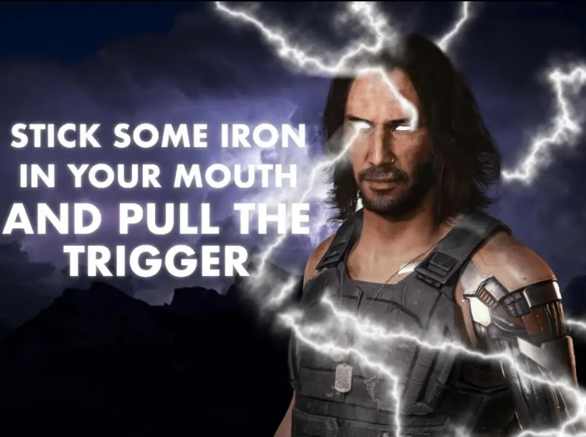 Johnny Silverhand cytaty: "Stick some iron in your mouth and pull the trigger." Mroczny, burzowy krajobraz i błyskawice podkreślają jego postać.