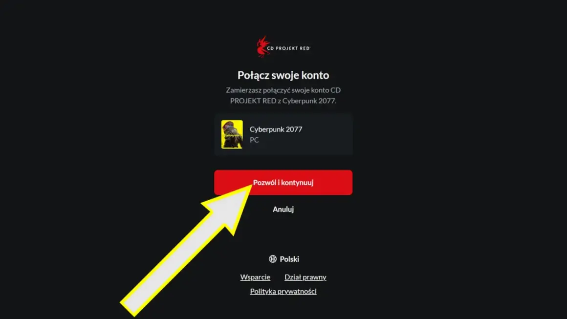 Ekran logowania do gry Cyberpunk 2077. Wybór polskiego języka i opcji "Pozwól i kontynuuj" sugeruje polski dubbing.