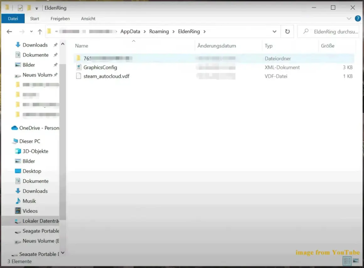 Folder z plikami gry Elden Ring, w tym folder "76!" zawierający dane do zapisu gry.