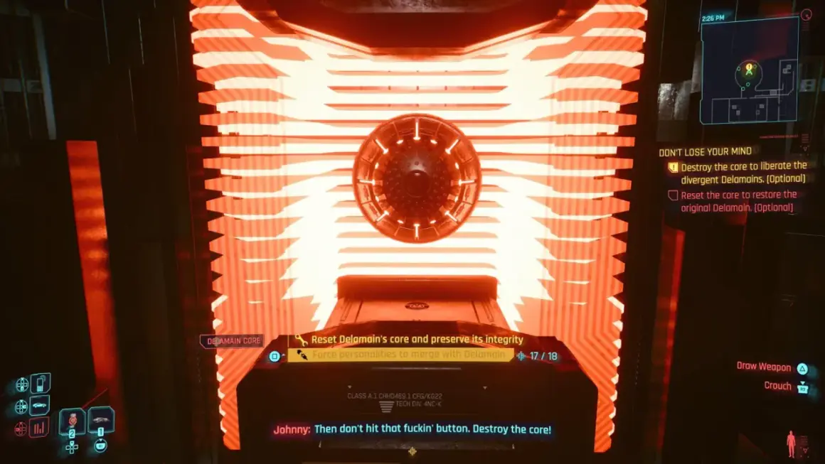 Cyberpunk 2077: reanimacja Delamaina. Rdzeń Delamaina, otoczony pomarańczowym blaskiem, czeka na decyzję.