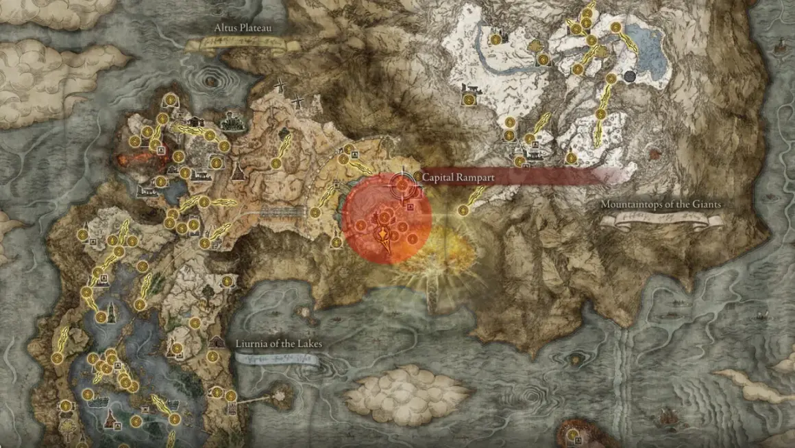 Mapa świata Elden Ring, z zaznaczonym obszarem Capital Rampart, który prowadzi do Leyndell.