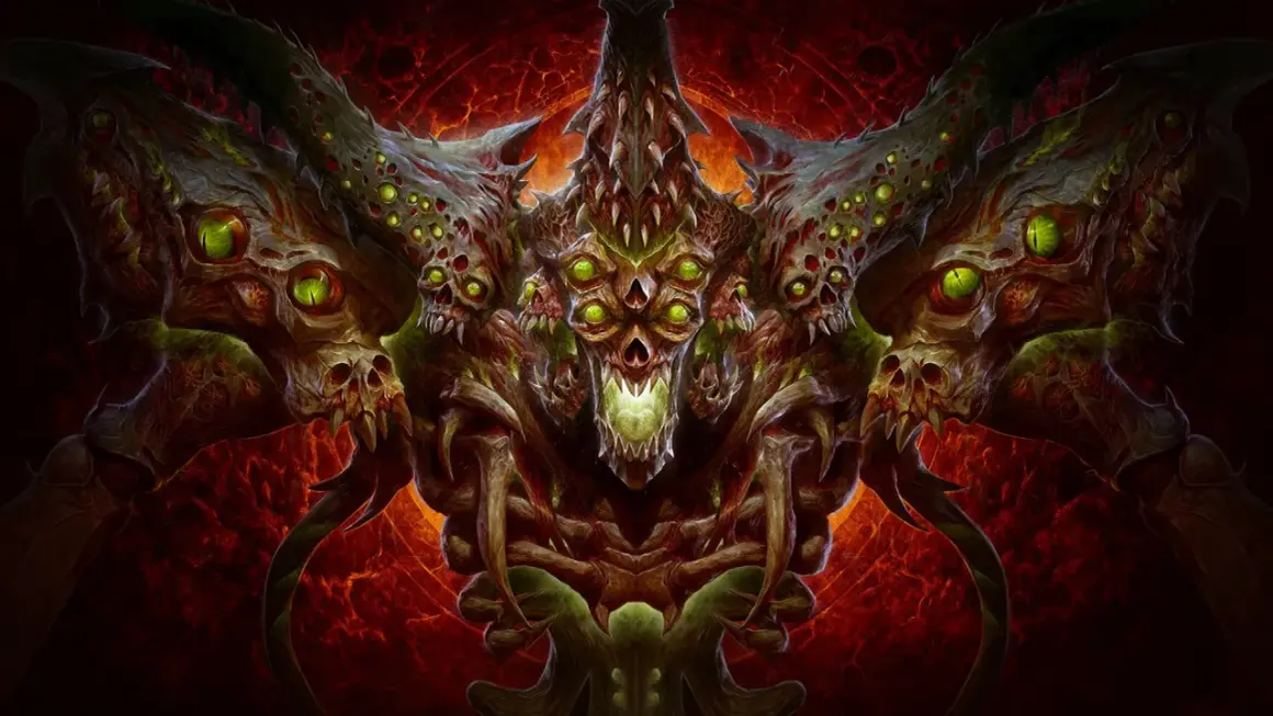 Potworna istota z wieloma oczami i czaszkami, idealna do recenzji Diablo 4.