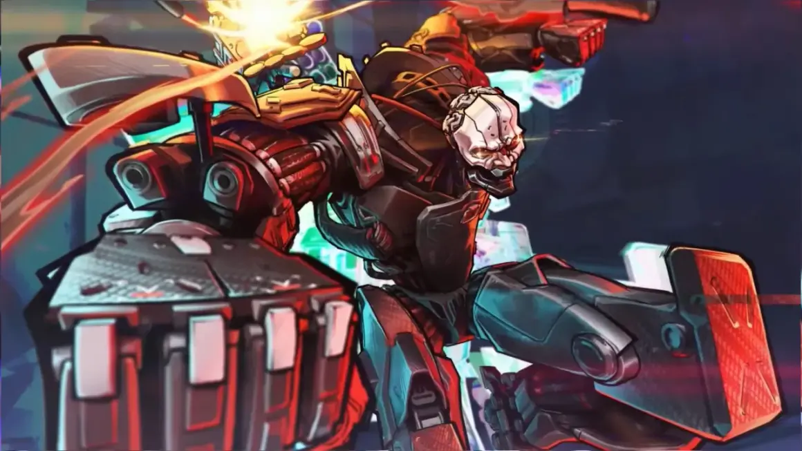 Adam Smasher, potężny cyborg z Cyberpunk 2077, w akcji. Jego mechaniczne ciało lśni w czerwonym i niebieskim świetle.
