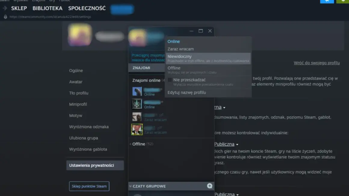 Okno statusu online na Steam z opcjami: Online, Zaraz wracam, Niewidoczny, Offline, Nie przeszkadzać.