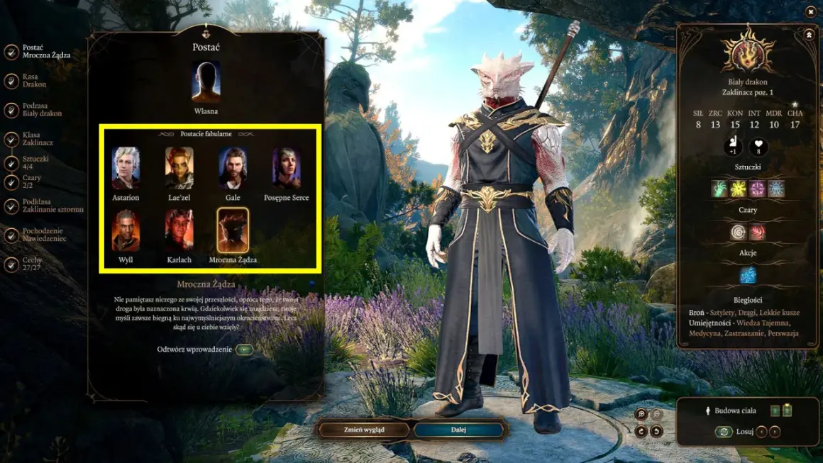 Wybierz jedną z **baldur's gate 3 postaci** fabularnych: Astarion, Lae'zel, Gale, Posępne Serce, Wyll, Karlach lub Mroczna Żądza.