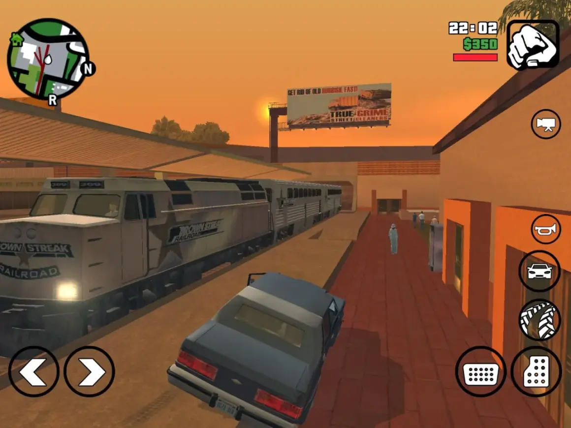 Pociąg na stacji w GTA SA Android. Spolszczenie gry działa, a na ekranie widać elementy interfejsu i mapę.