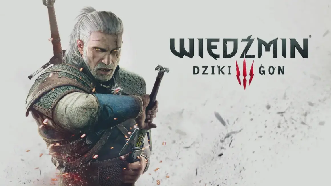 Geralt z Rivii, gotowy do walki, z mieczem w dłoni. Tytuł gry "Wiedźmin: Dziki Gon" sugeruje nadchodzącą, epicką przygodę.