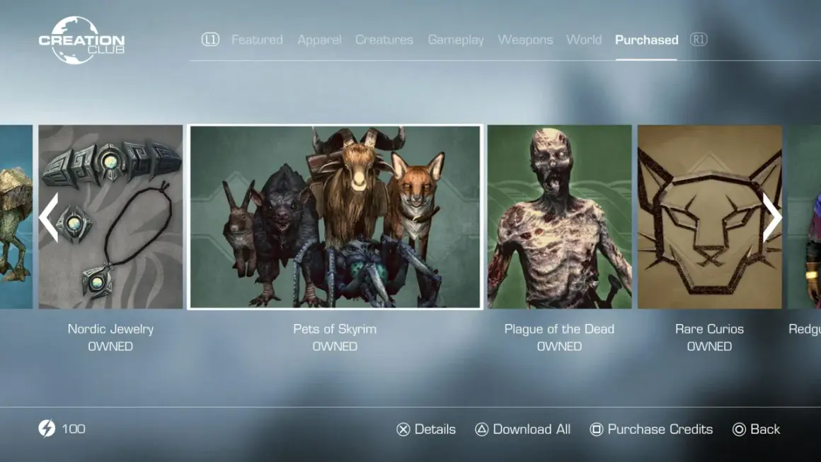 Menu gry Skyrim Anniversary Edition: co zawiera. Widoczne DLC: Nordic Jewelry, Pets of Skyrim, Plague of the Dead, Rare Curios.