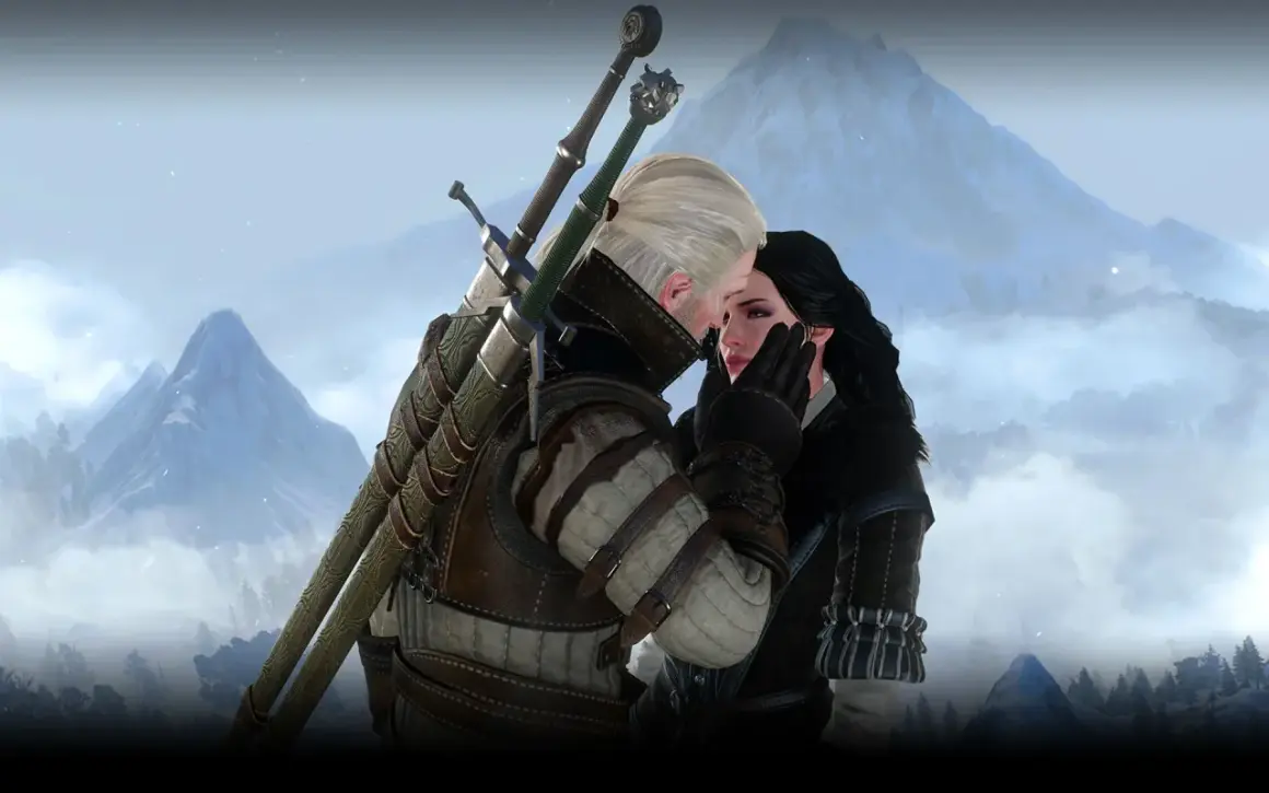 Geralt i Yennefer w czułym uścisku na tle ośnieżonych gór. Ich miłość jest silniejsza niż mroźny wiatr.