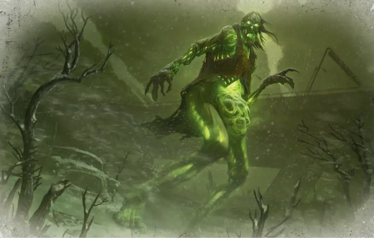 Ghoul z Fallouta, zmutowana, świecąca na zielono istota, czai się wśród zniszczeń i martwych drzew.