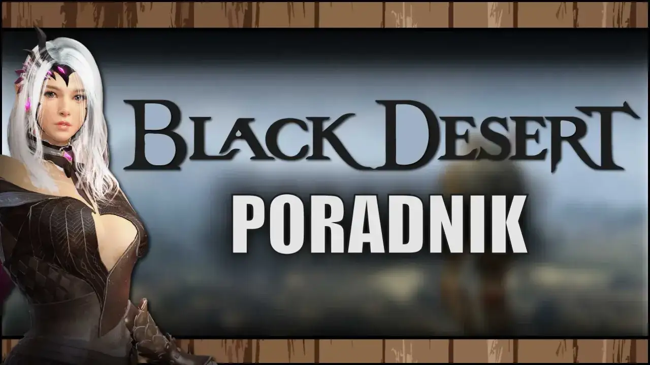 Postać z gry Black Desert, z białymi włosami i fioletowymi akcentami, obok napisu