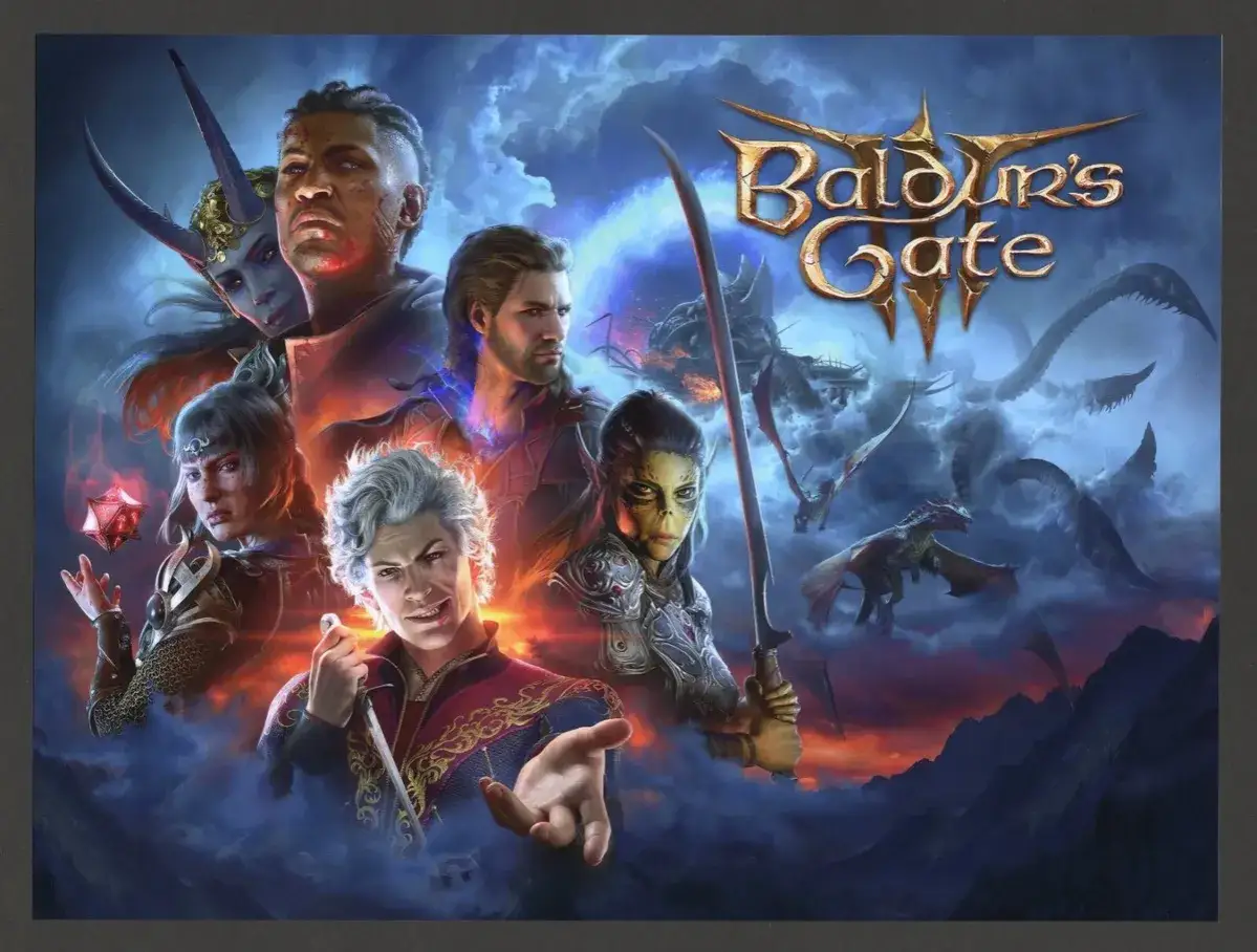 Postacie z Baldur's Gate 3 na tle burzowego nieba i latających smoków.