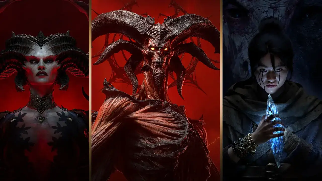 Diablo 4 postacie: demonica z rogami, przerażający demon z płonącymi oczami i młoda kobieta z kryształem.