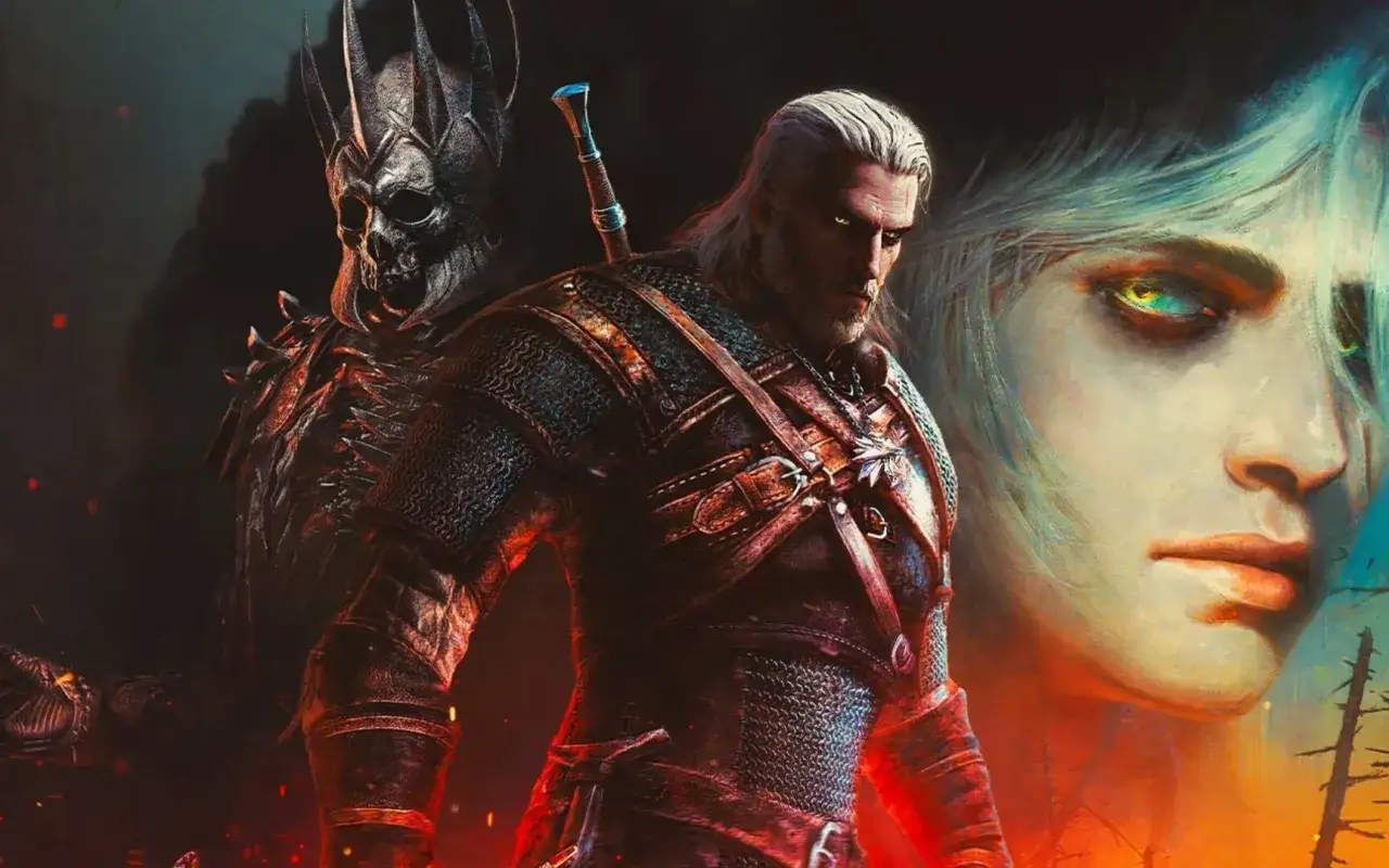 Geralt z Rivii, polski wiedzmin, w zbroi, z mieczem na plecach. Obok niego postać w hełmie z czaszką i twarz kobiety z zielonymi oczami.
