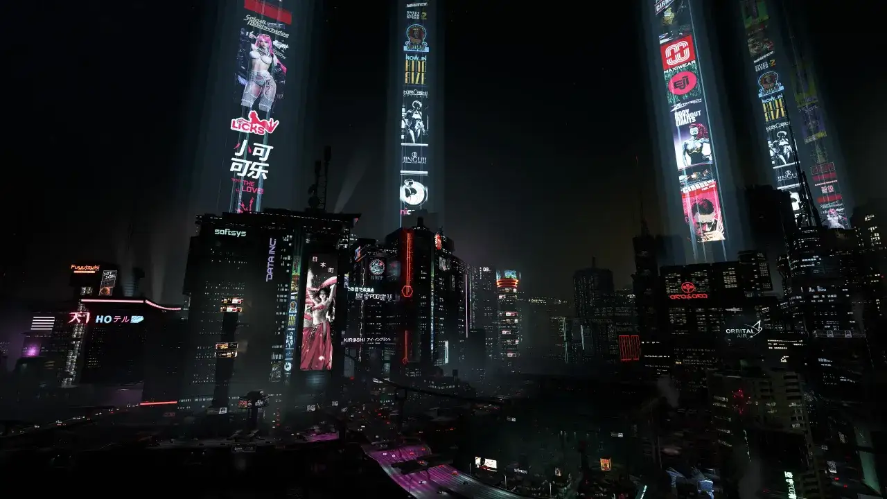 Nocne miasto w stylu cyberpunk, pełne neonów i gigantycznych reklam. To jakby cyberpunk new game plus – wszystko jeszcze bardziej intensywne i przytłaczające.