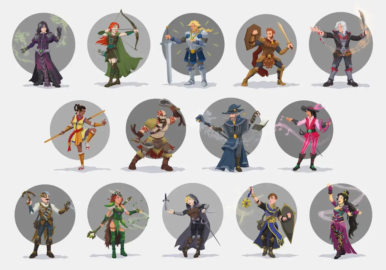 Zestaw postaci z gry Pathfinder: mag, łuczniczka, rycerz, wojownik, nekromanta, wojowniczka z laską, barbarzyńca, czarodziej, bardka, wynalazca, druidka, łotrzyk, paladyn, tancerka.