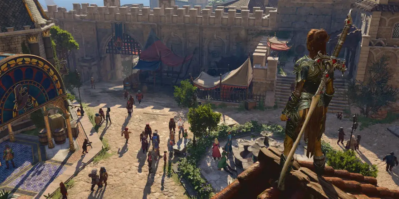 Postać w zbroi obserwuje tętniący życiem rynek w Baldur's Gate 3. Zastanawiasz się nad baldur's gate 3 ceną?
