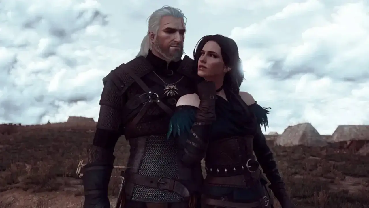 Geralt i Yennefer, wpatrzeni w siebie, stoją na tle pochmurnego nieba i wiejskiej osady.