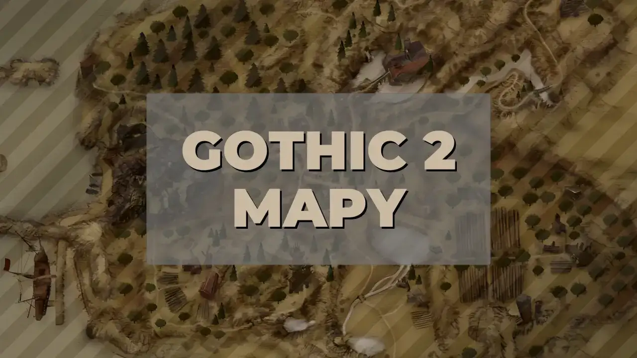 Mapa Khorinis z gry Gothic 2. Widok z lotu ptaka na wyspę, z zaznaczonymi budynkami, lasami i drogami.