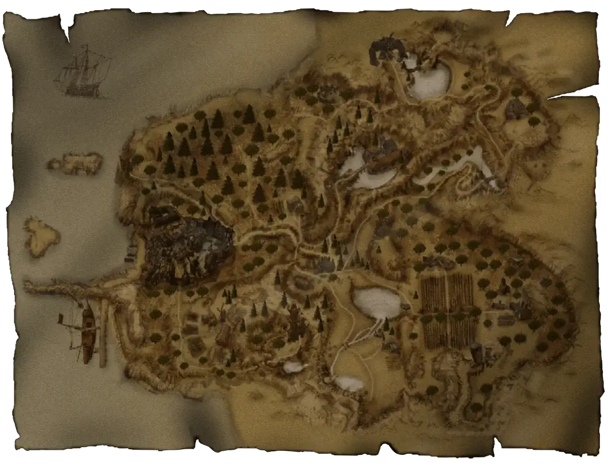 Mapa świata z gry Gothic 2 Remake. Widoczne wyspy, port, lasy, jeziora i zabudowania.