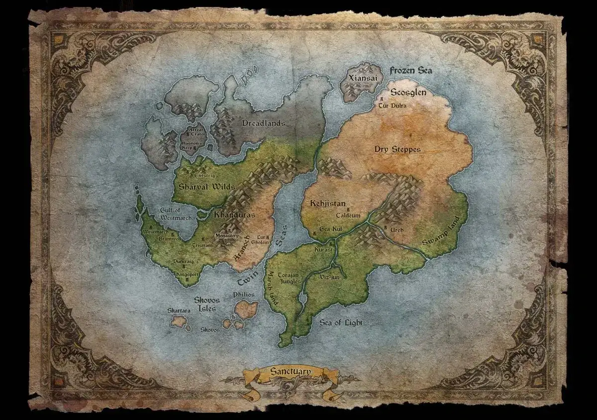 Mapa świata z gry Diablo, ukazująca krainy takie jak Dreadlands, Khanduras i Dry Steppes. To klucz do zrozumienia diablo fabuła.