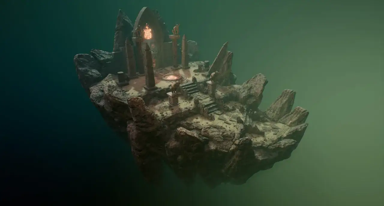 Kamienna wyspa z ruinami i płonącym kręgiem, idealna sceneria do diablo 4 recenzja.