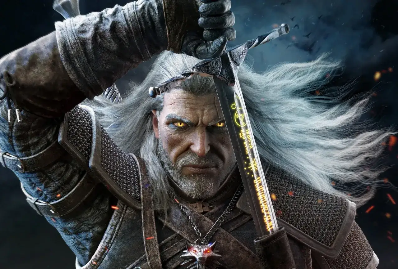 Geralt z Rivii, wiedźmin z płonącymi oczami, podnosi srebrny miecz. Recenzja gry Wiedźmin 3.