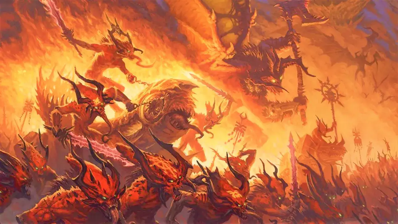 Horda demonów Khorne, z płonącymi mieczami i toporami, szarżuje przez piekielny krajobraz.